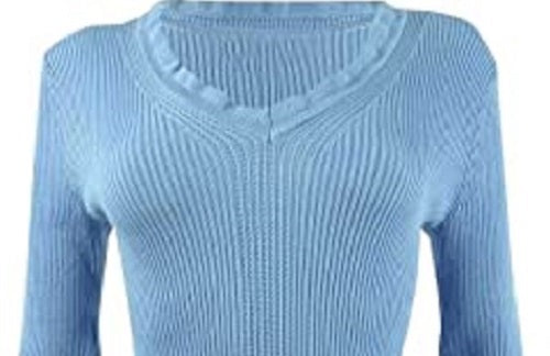 Hooked Up by IOT Juniors' Ruffled V-Neck Sweater Med Blue Size X-Small
