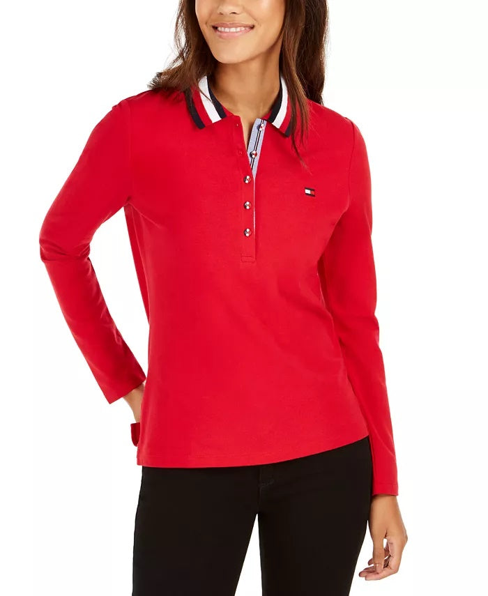 Tommy Hilfiger Women's Striped-Collar Polo Shirt Medium Red Size X-Small