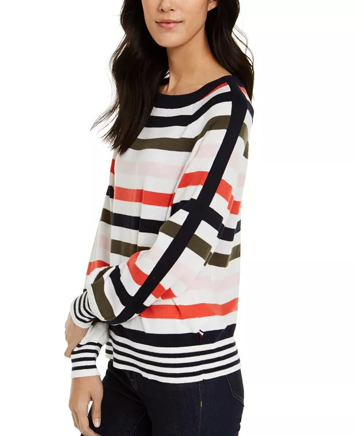 Tommy Hilfiger Women's Striped Balloon-Sleeve Sweater White Size Medium