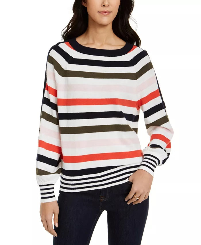 Tommy Hilfiger Women's Striped Balloon-Sleeve Sweater White Size Medium