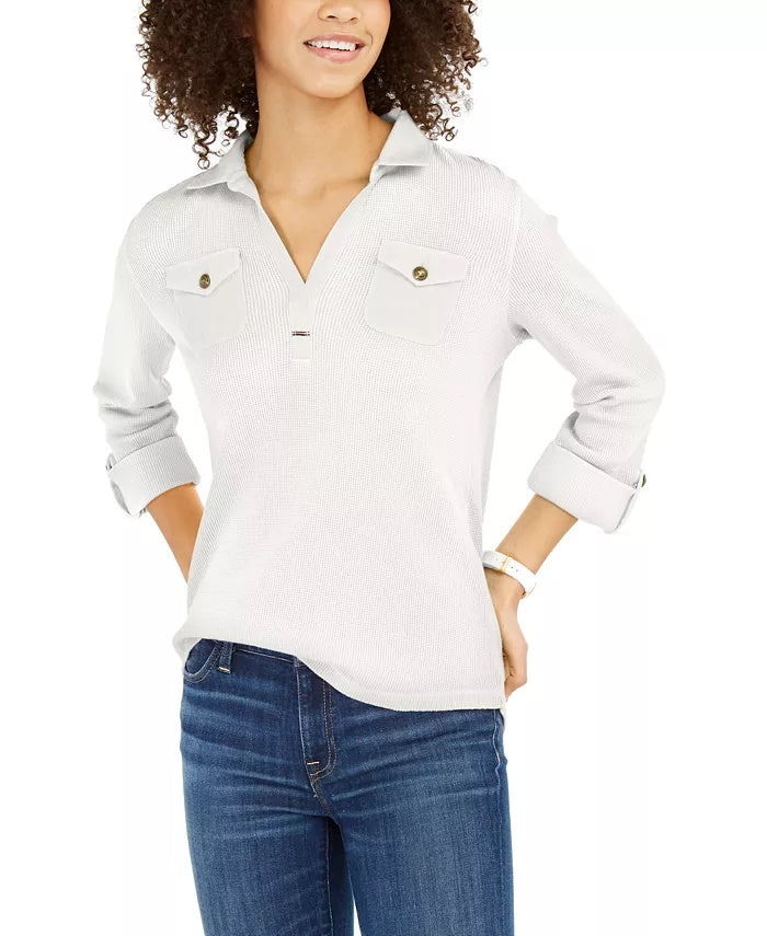 Tommy Hilfiger Women's Waffle-Knit Popover Top White Size Small