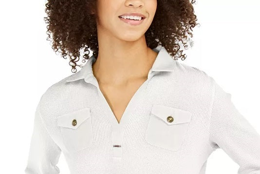 Tommy Hilfiger Women's Waffle-Knit Popover Top White Size Small