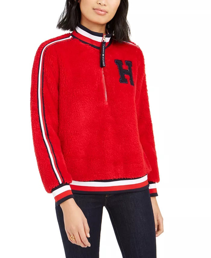 Tommy Hilfiger Women's Striped-Trim Sherpa Sweatshirt Medium Red Size Small Petite