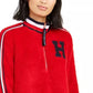 Tommy Hilfiger Women's Striped-Trim Sherpa Sweatshirt Medium Red Size Small Petite