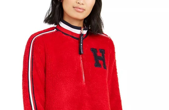 Tommy Hilfiger Women's Striped-Trim Sherpa Sweatshirt Medium Red Size Small Petite