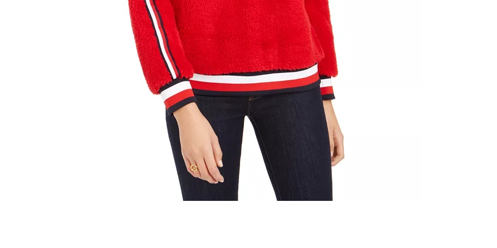 Tommy Hilfiger Women's Striped-Trim Sherpa Sweatshirt Medium Red Size Small Petite