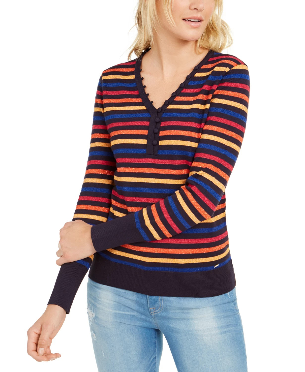 Tommy Hilfiger Women's Metallic Stripe Henley Top Medium Red Size XL