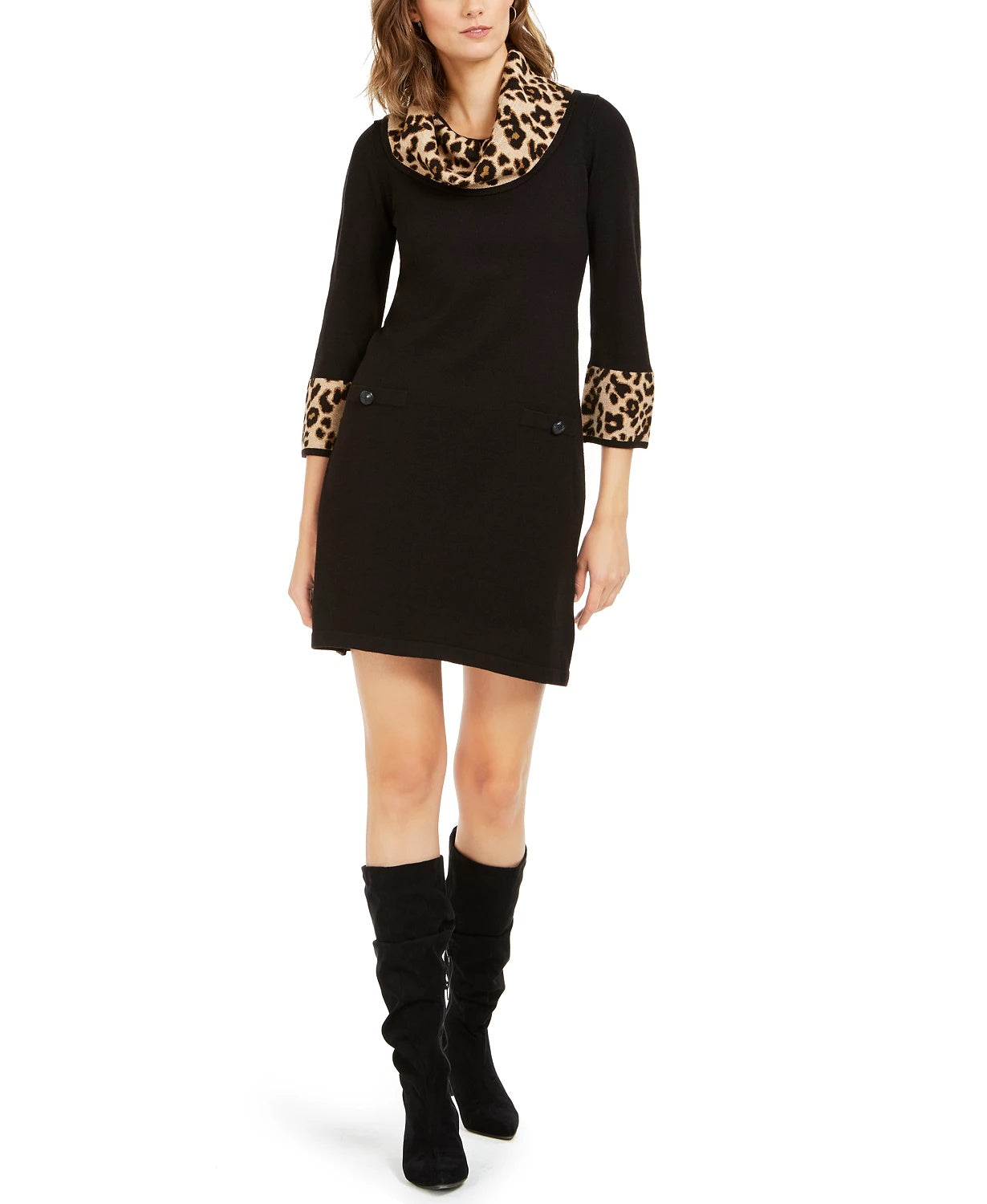 Jessica Howard Women's Animal Print Trim Sweater Dress Black Size Large