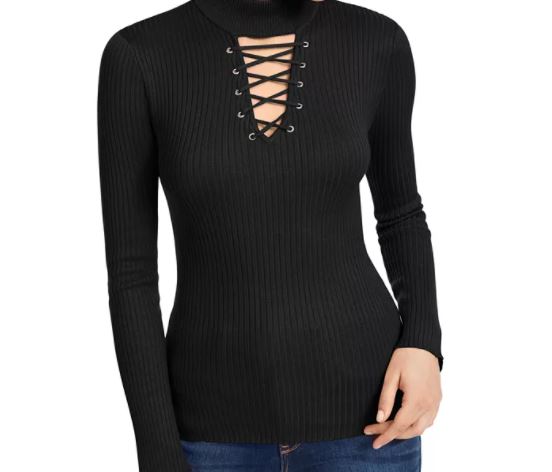 Planet Gold Junior's Lace Up Mock Neck Sweater Black Size Small
