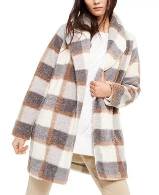 Calvin Klein Women's Plaid Fleece Flyaway Jacket Gray Size Extra Large