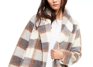 Calvin Klein Women's Plaid Fleece Flyaway Jacket Gray Size Extra Large