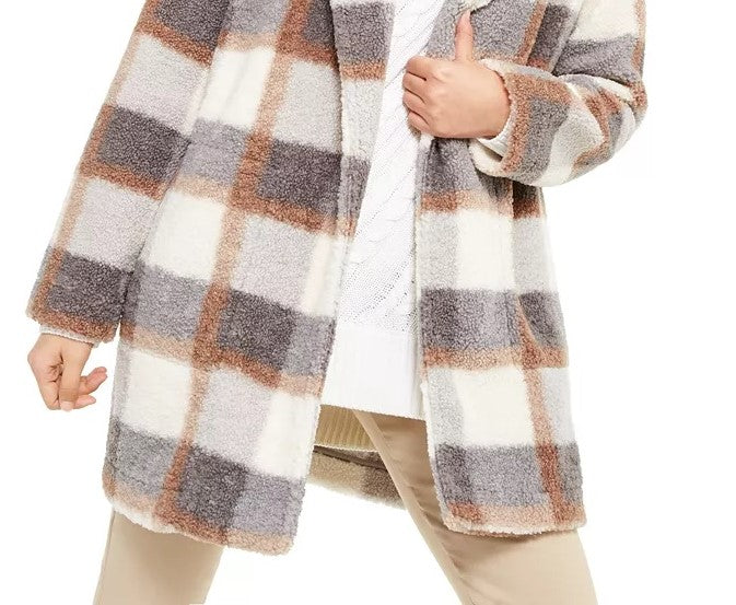Calvin Klein Women's Plaid Fleece Flyaway Jacket Gray Size Extra Large