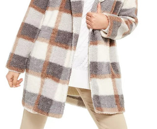 Calvin Klein Women's Plaid Fleece Flyaway Jacket Gray Size Extra Large