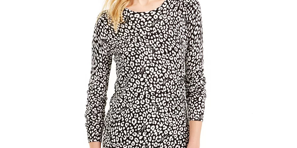 Michael Kors Women's Black Animal Print 3/4 Sleeve Scoop Neck Sweater White Size Small