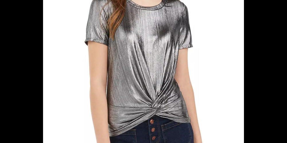 Love Fire Juniors' Metallic Twist-Front Top Silver Size Small