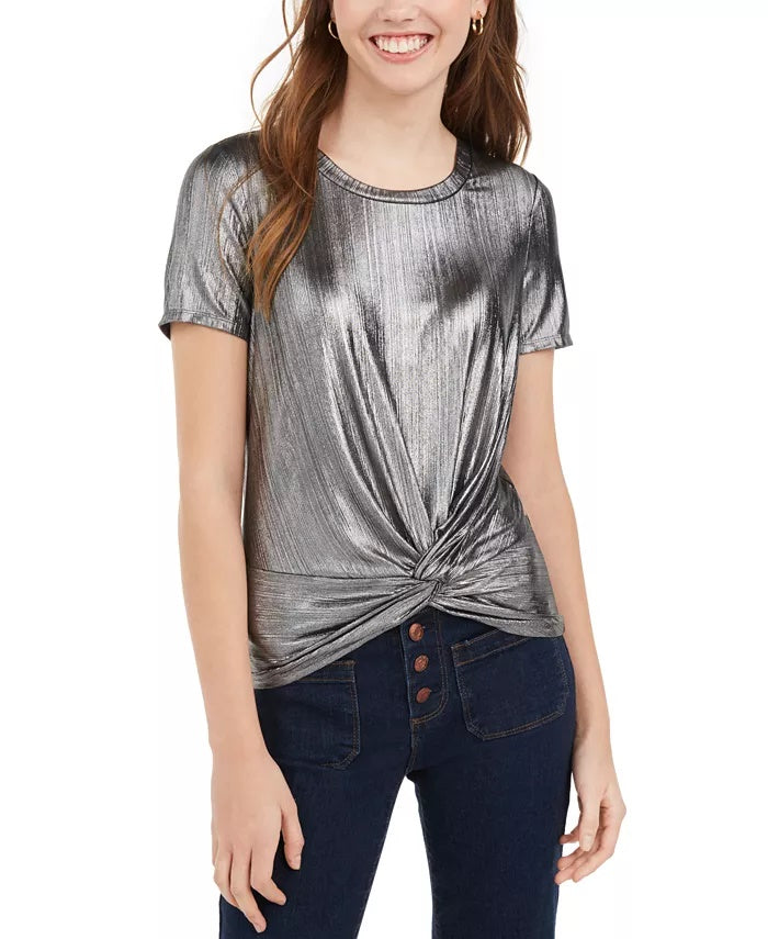 Love Fire Junior's Metallic Twist Front Top Silver Size X-Large