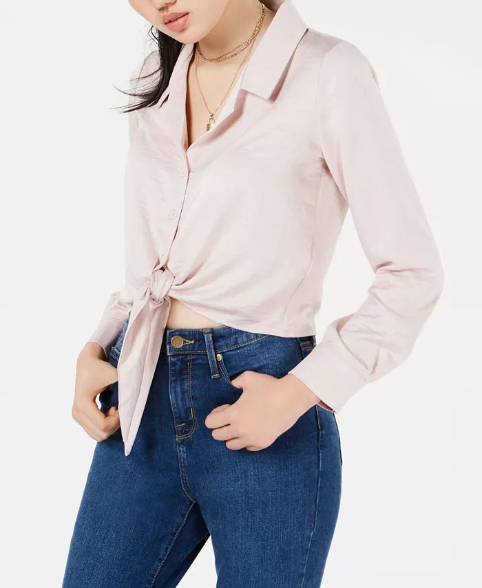 Love, Fire Juniors' Button-Front Tie-Hem Shirt Pink Size Medium