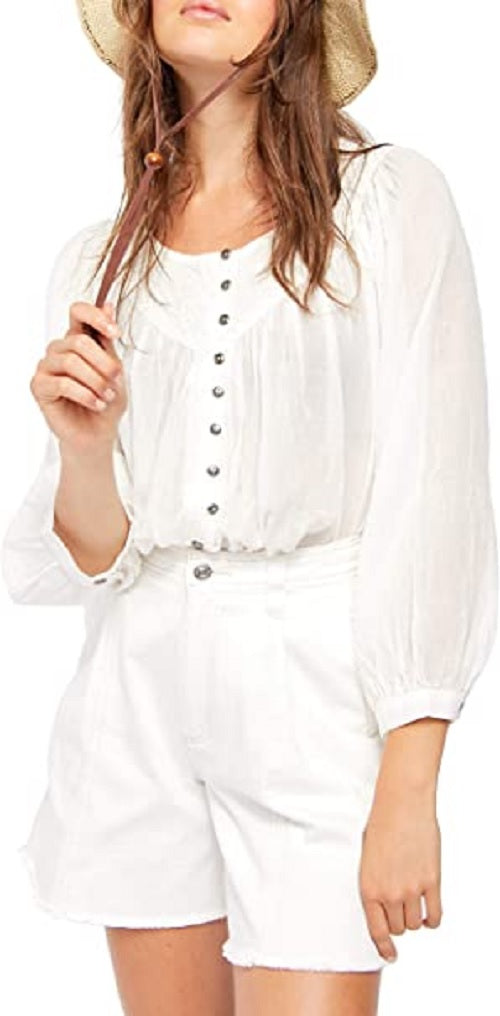 Free People Women's Cool Meadow Cotton Peasant Blouse White Size Medium