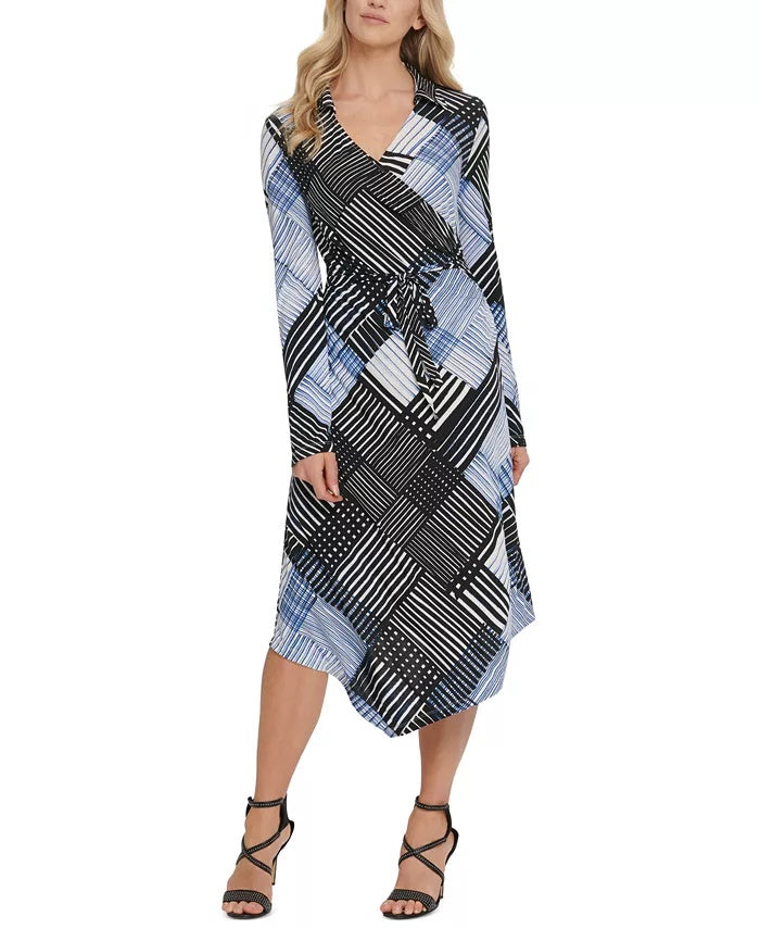 DKNY Women's Printed Faux Wrap Dress Blue Size X-Small