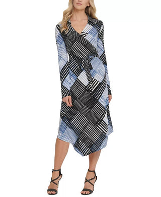DKNY Women's Printed Faux Wrap Dress Blue Size X-Small