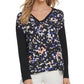 DKNY Women's Mixed-Media V-Neck Top Black Size Large