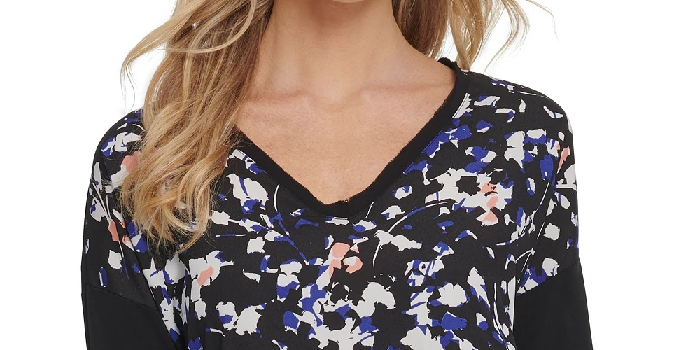DKNY Women's Mixed-Media V-Neck Top Black Size Large