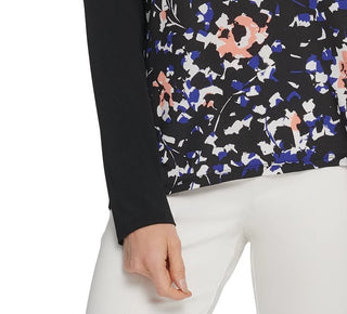 DKNY Women's Mixed-Media V-Neck Top Black Size Large