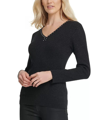 DKNY Women's Metallic-Threaded Embellished Sweater Black Size Extra Small