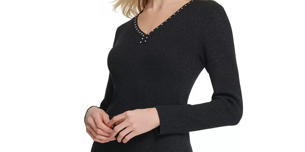 DKNY Women's Metallic-Threaded Embellished Sweater Black Size Extra Small