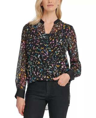 DKNY Women's Crossover Printed Mesh Blouse Blue Size Extra Large