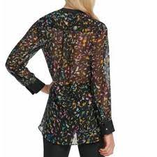 DKNY Women's Crossover Printed Mesh Blouse Blue Size Extra Large