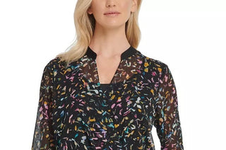 DKNY Women's Crossover Printed Mesh Blouse Blue Size Extra Large