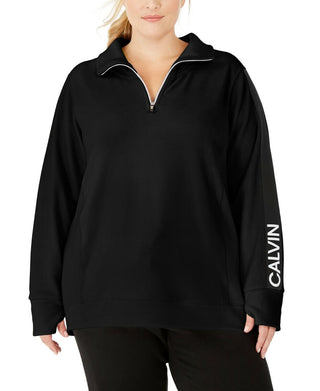 Calvin Klein Women's Performance Plus Size Logo-Sleeve Zip-Neck Top Black Size 2X