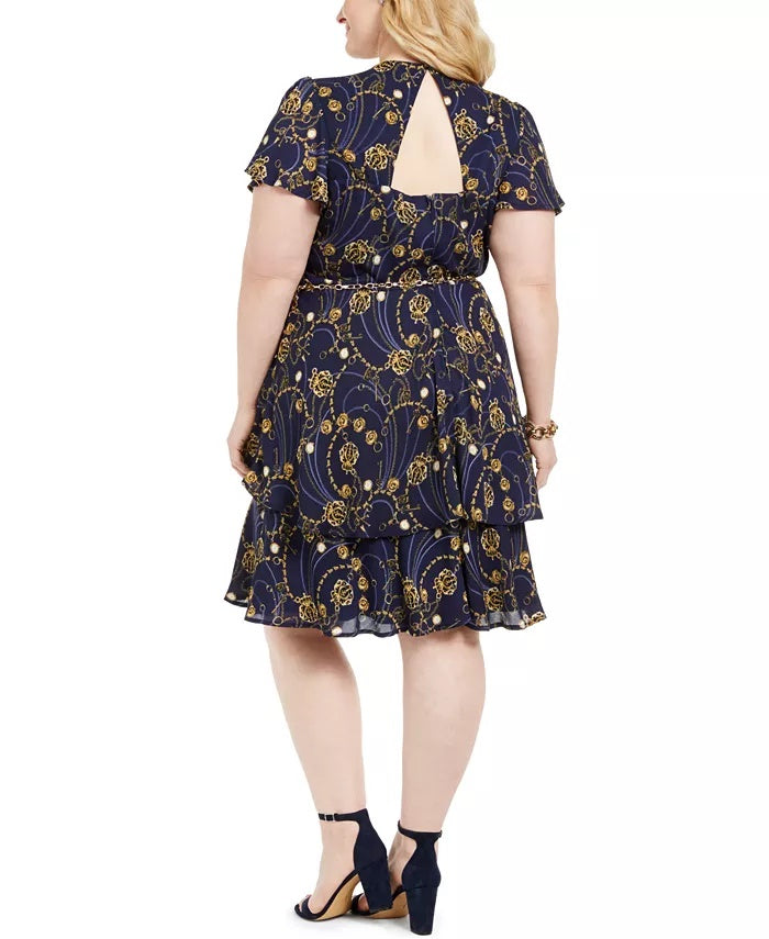Teeze Me Junior's Plus Printed Belted Fit & Flare Dress Navy Size 16