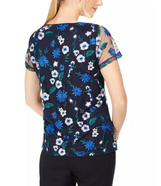 Calvin Klein Women's Floral Embroidered Mesh Top Blue Size Small