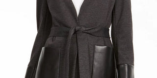Calvin Klein Women's Faux-Leather-Trim Belted Cardigan  Gray Size 12