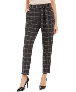 Calvin Klein Women's Plaid Tie-Waist Slim Fit Pants Silver Size 10