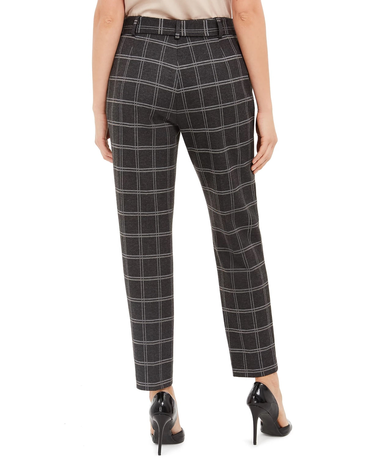 Calvin Klein Women's Plaid Tie-Waist Slim Fit Pants Silver Size 10