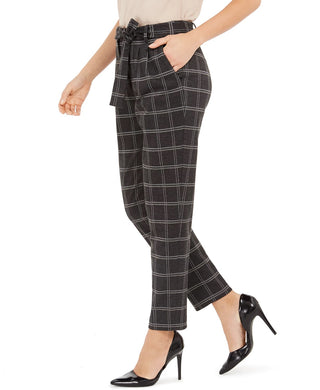 Calvin Klein Women's Plaid Tie-Waist Slim Fit Pants Silver Size 10