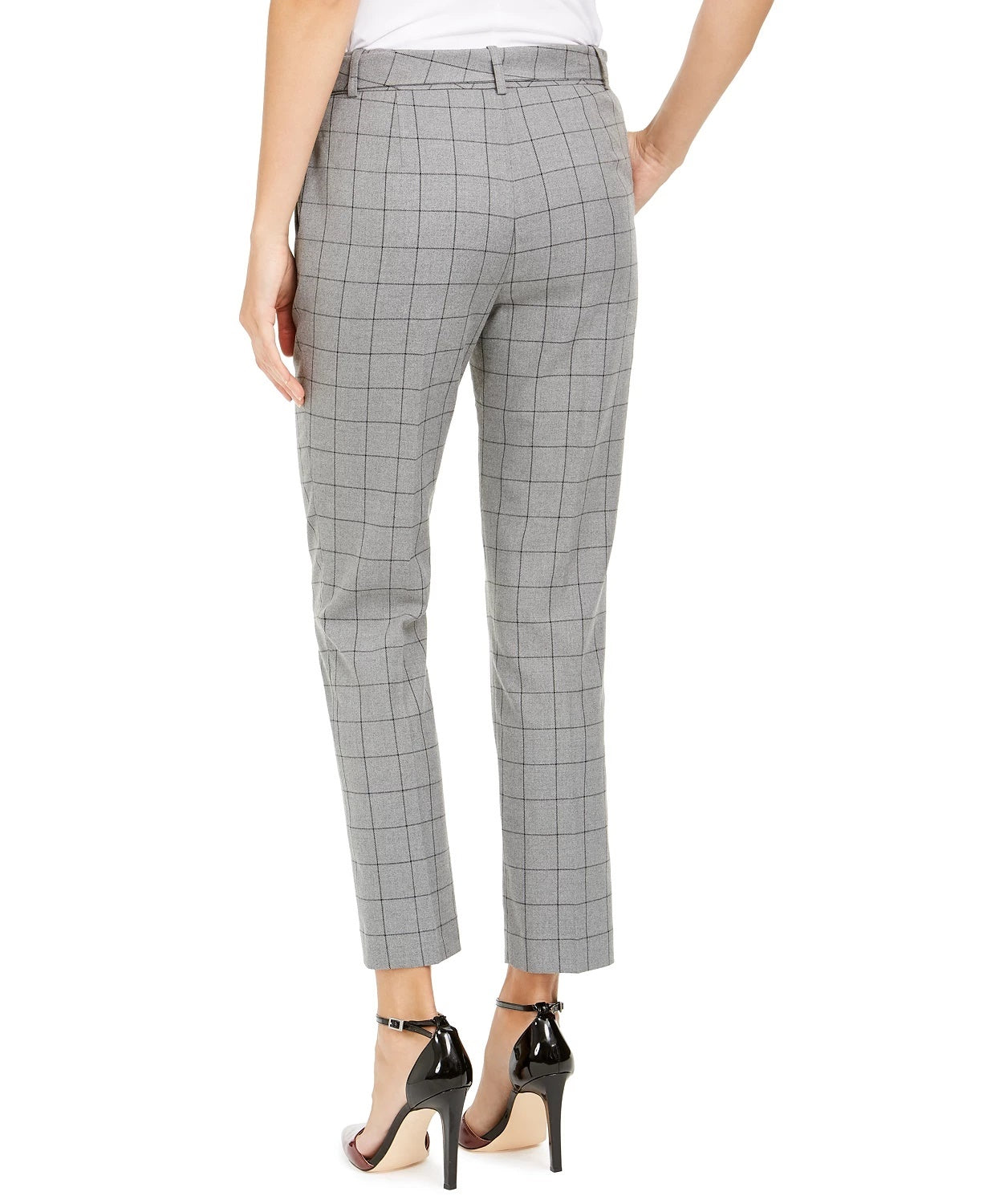 Calvin Klein Women's Windowpane Print Belted Pants Grey Size 4