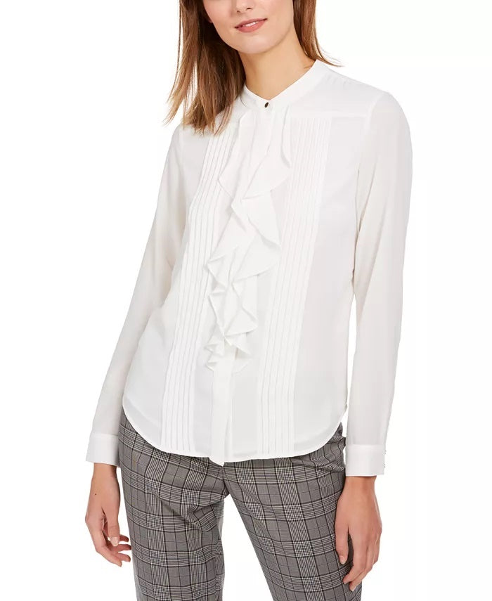 Calvin Klein Women's Ruffled Button Front Top White Size Small