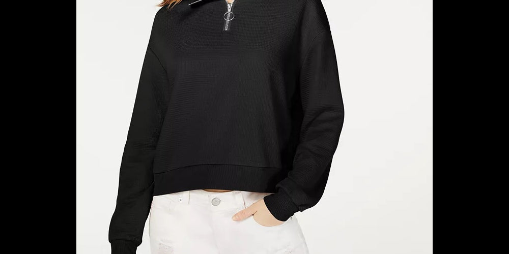 Crave Fame Junior's Waffle Knit Quarter Zip Top Black Size Large