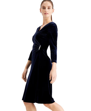 Connected Women's Velvet Rhinestone Brooch Dress Navy Size 6