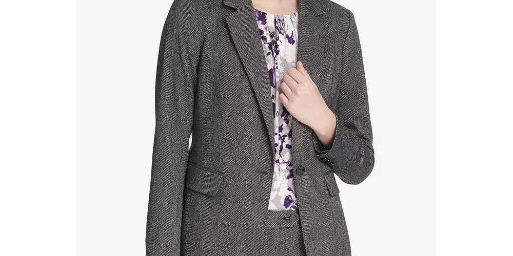 Calvin Klein Women's Herringbone One Button Jacket Grey Size 12 Petite