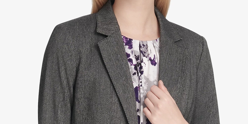 Calvin Klein Women's Herringbone One-Button Jacket Med Gray Size 6 Petite