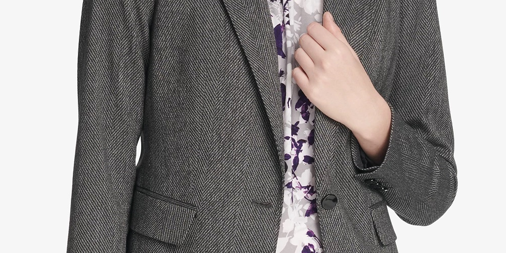 Calvin Klein Women's Herringbone One-Button Jacket Med Gray Size 6 Petite