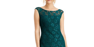 Connected Women's Sequined Lace Slit Gown Dark Green Size 16