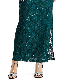 Connected Women's Sequined Lace Slit Gown Dark Green Size 16