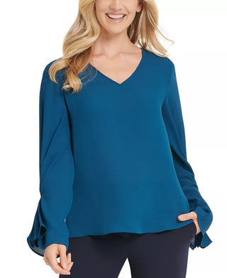DKNY Women's Pleated-Sleeve Blouse Blue Size XX-Large