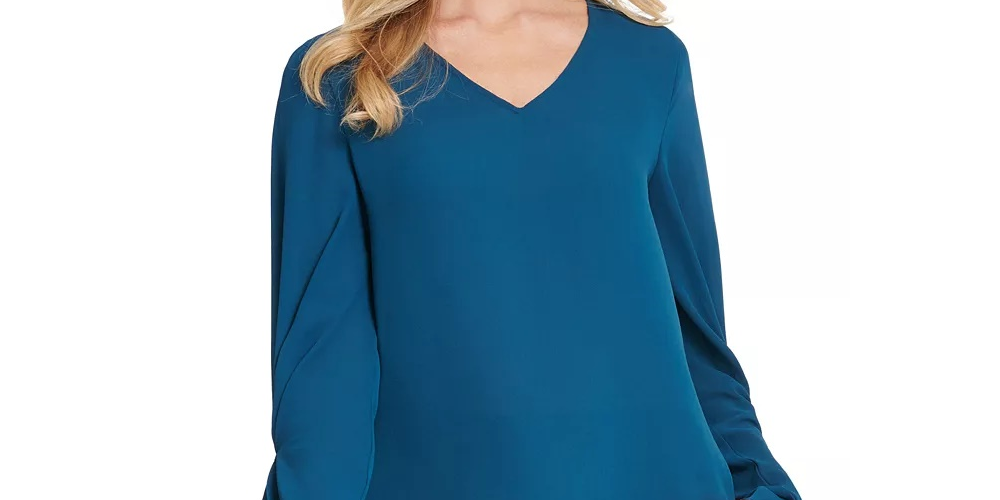 DKNY Women's Pleated-Sleeve Blouse Blue Size XX-Large